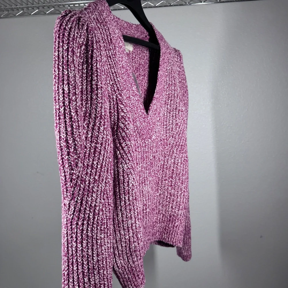NWT Loft Womens Purple Marled V-Neck Puff Sleeve‎ Knit Sweater Size M 35526223
